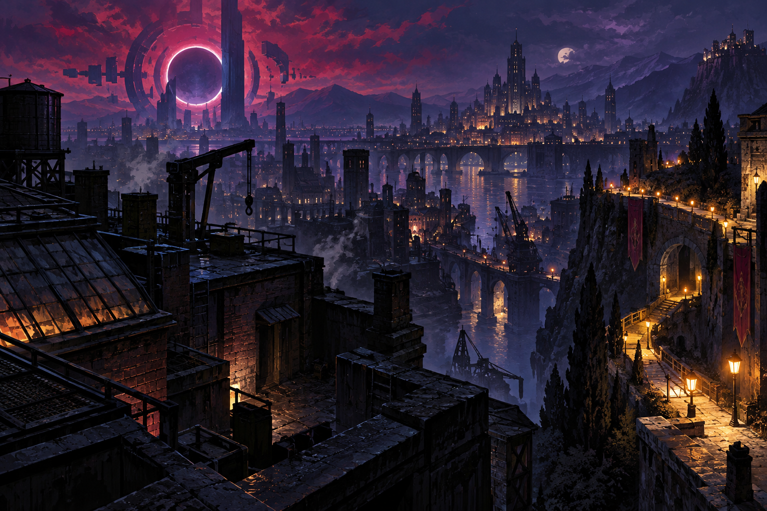 Illustrated dark city rooftops and a glowing abstract portal against a violet sky.