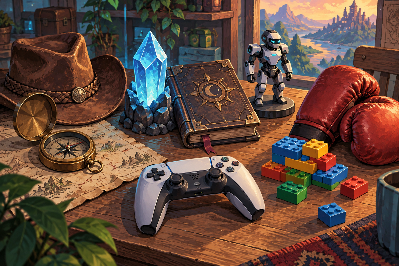 Illustrated controller, boxing gloves, colourful bricks, hat, compass, crystal and book on a tabletop.