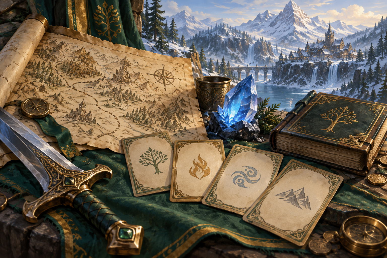 Illustrated sword, cards, book and blue crystal beside a map of snowy mountains.
