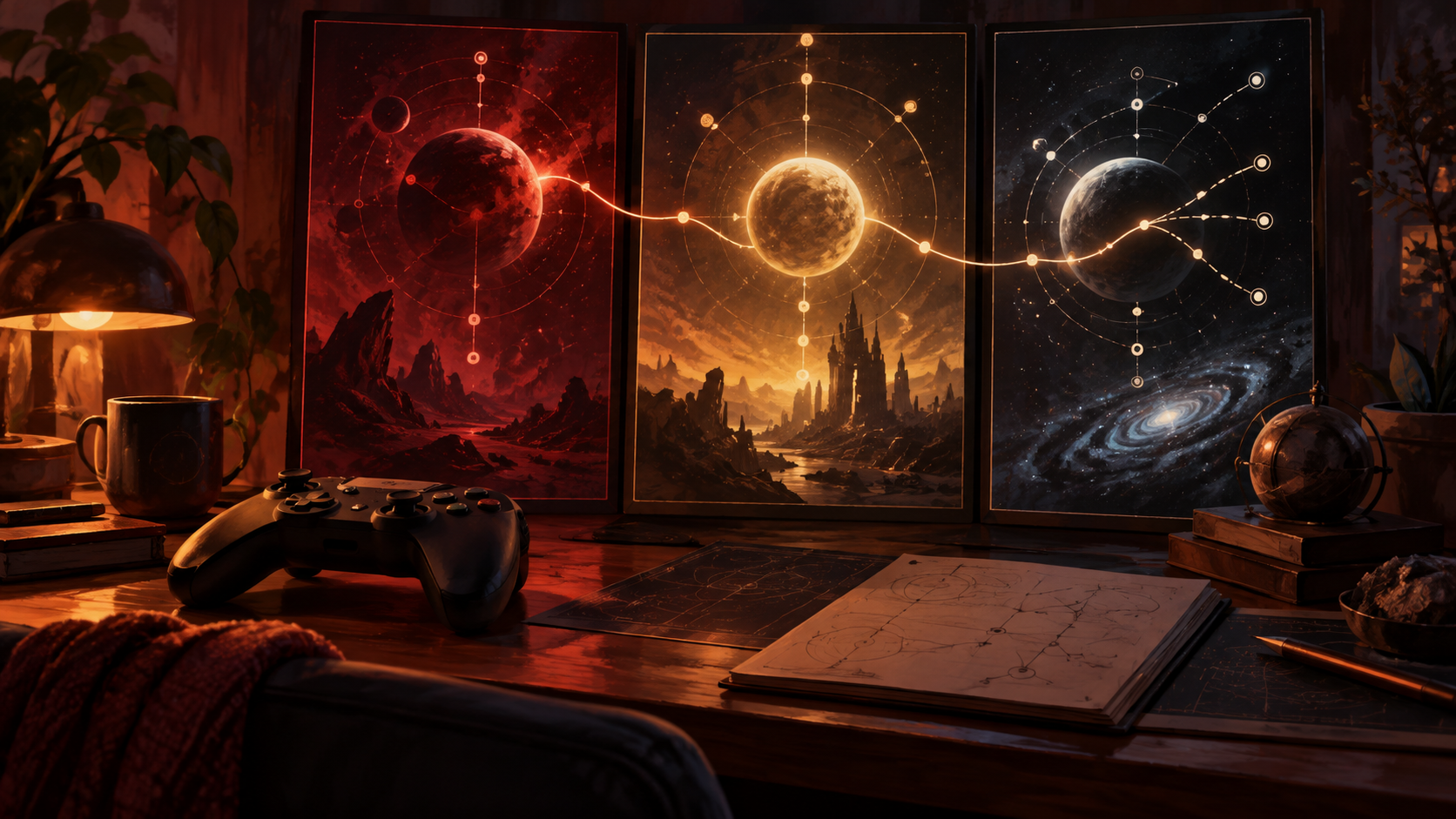 A controller on a desk beside three glowing star-map panels joined by a branching light trail.