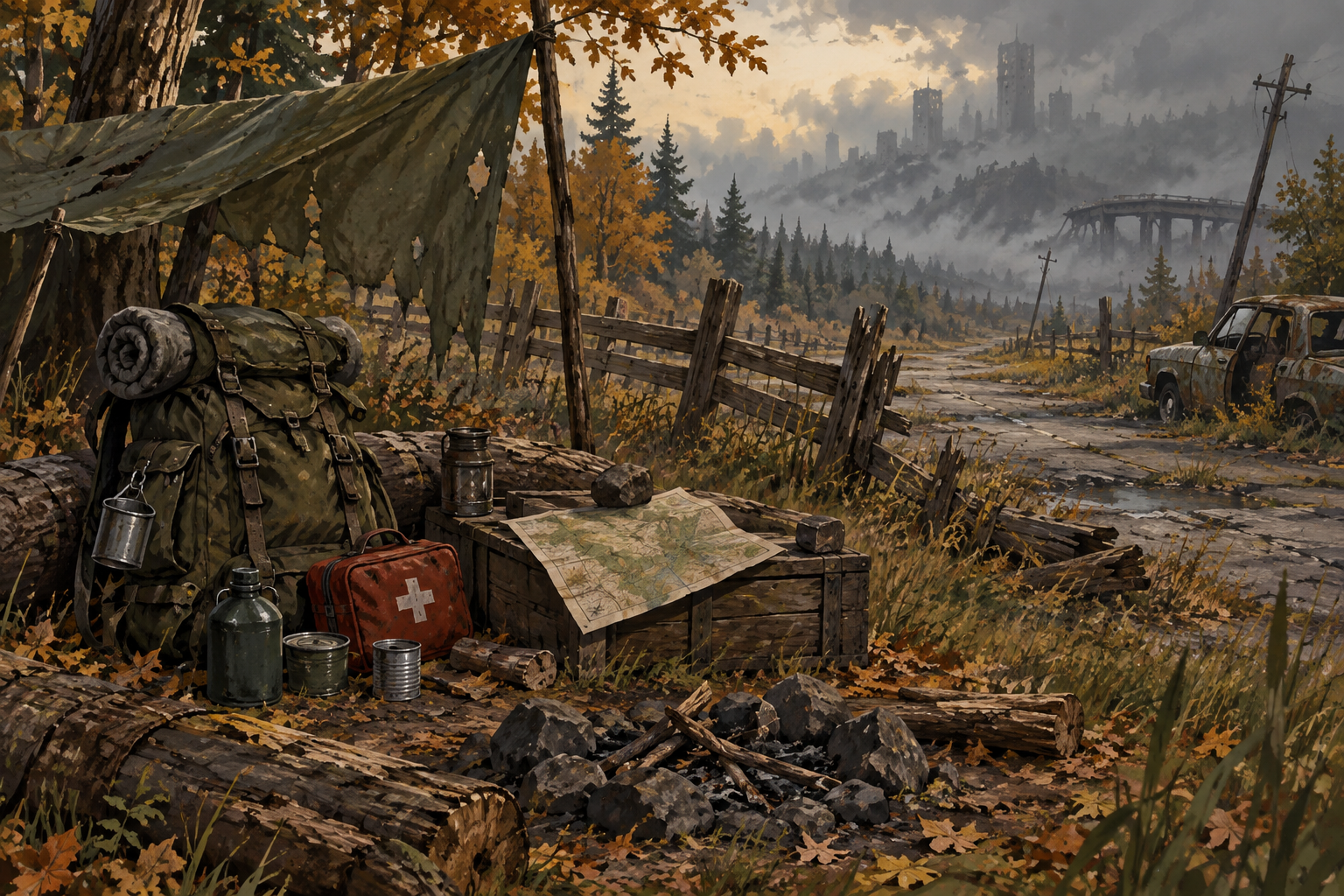 Illustrated abandoned roadside camp with a backpack, medical kit, map and distant fog.