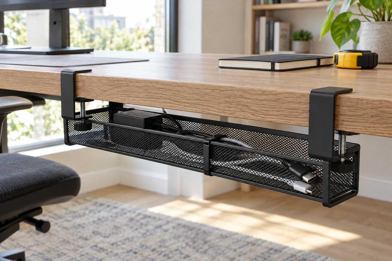 Mesh cable tray held beneath a desk by two edge clamps, with loose cords inside and a tape measure nearby.
