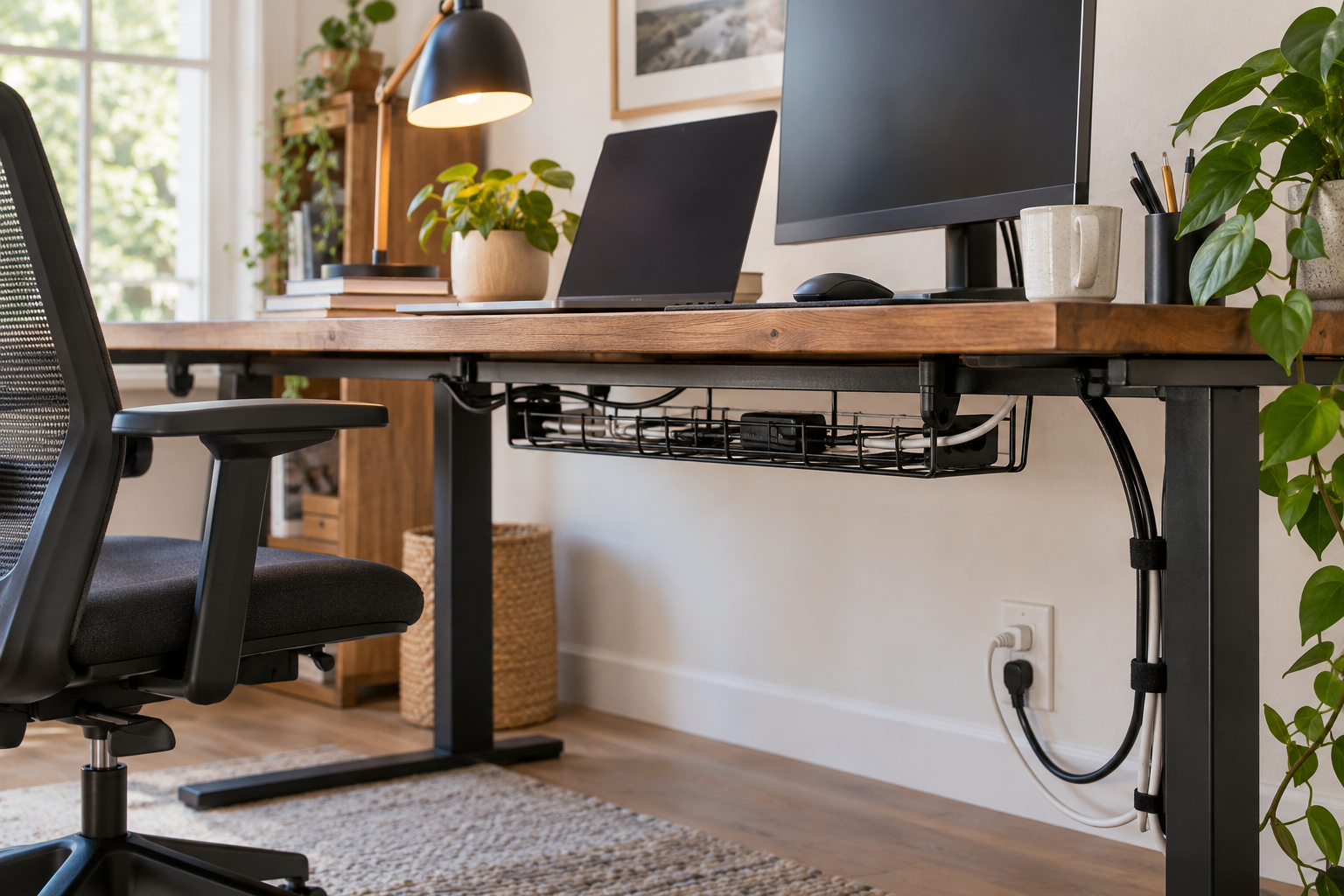 Home-office desk with cables routed through an under-desk tray and grouped along a desk leg.