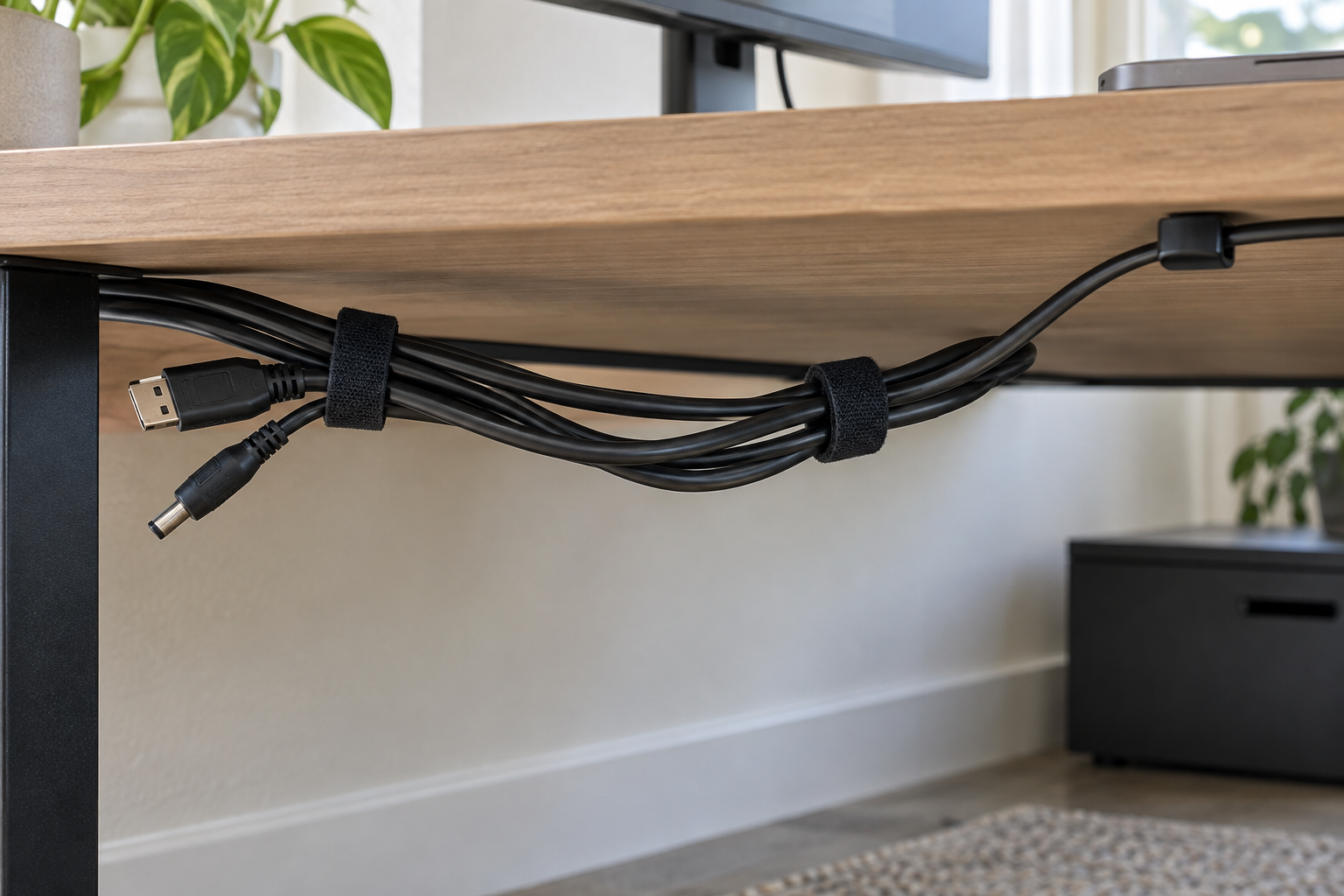 Loose cables under a desk gathered with two reusable ties, with unplugged connector ends left reachable.