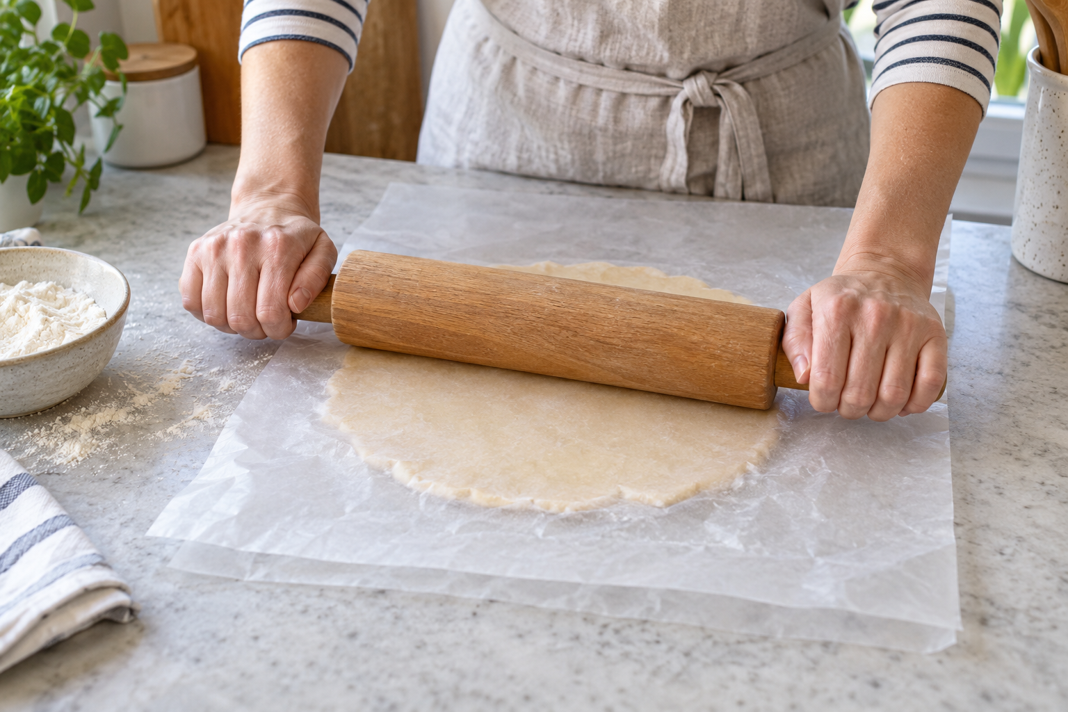 Pastry dough being rolled between two sheets of wax paper on a kitchen counter.