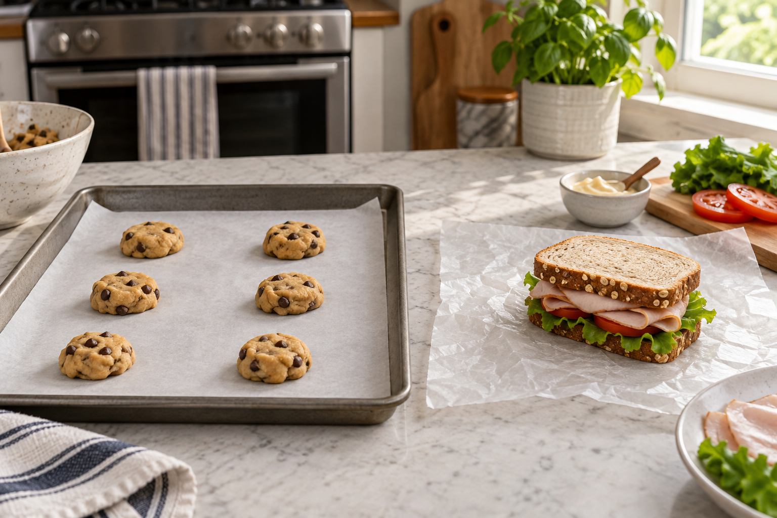 Unbaked cookies on a parchment-lined baking sheet beside a sandwich resting on wax paper on a kitchen counter.