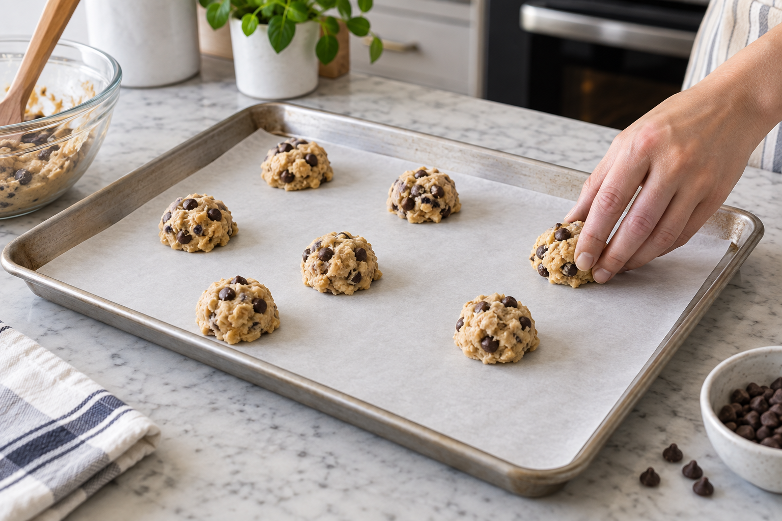 Raw chocolate-chip cookie dough portions spaced on parchment fitted to a baking sheet on a kitchen counter.