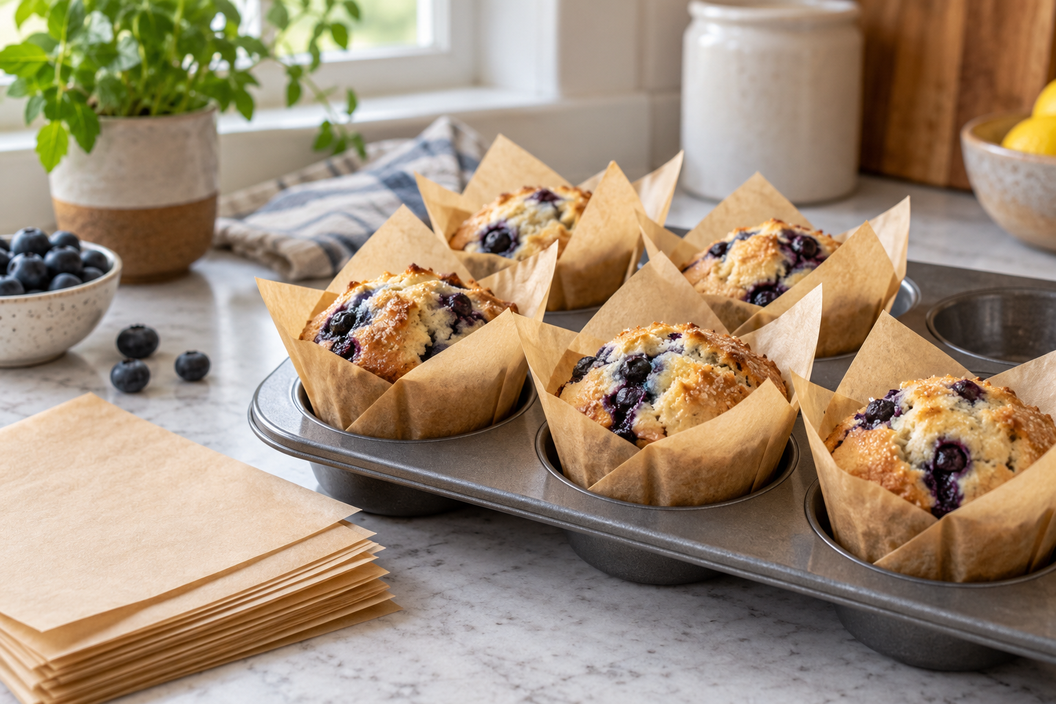 Blueberry muffins baked in handmade unbleached parchment liners in a muffin pan
