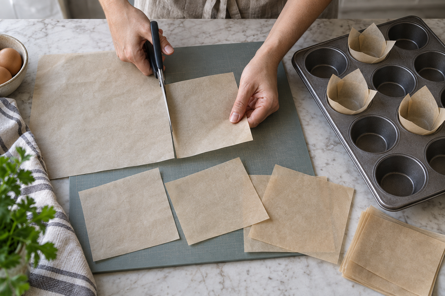 Hands cutting unbleached parchment into squares beside a muffin pan