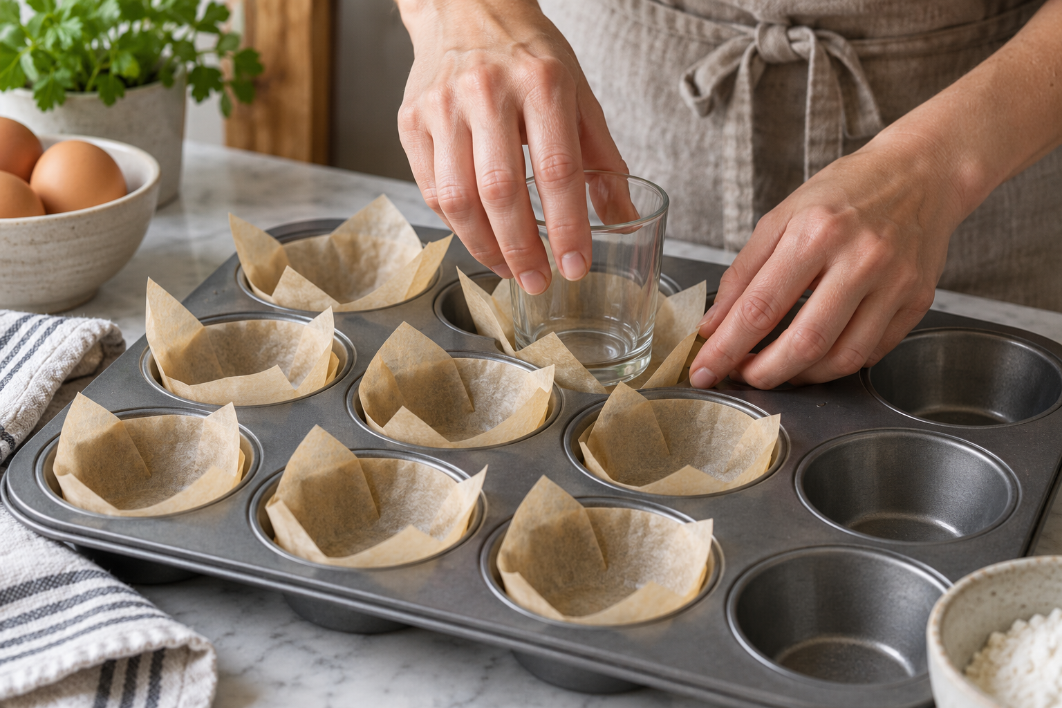 A small glass pressing a parchment square into one muffin-pan cup