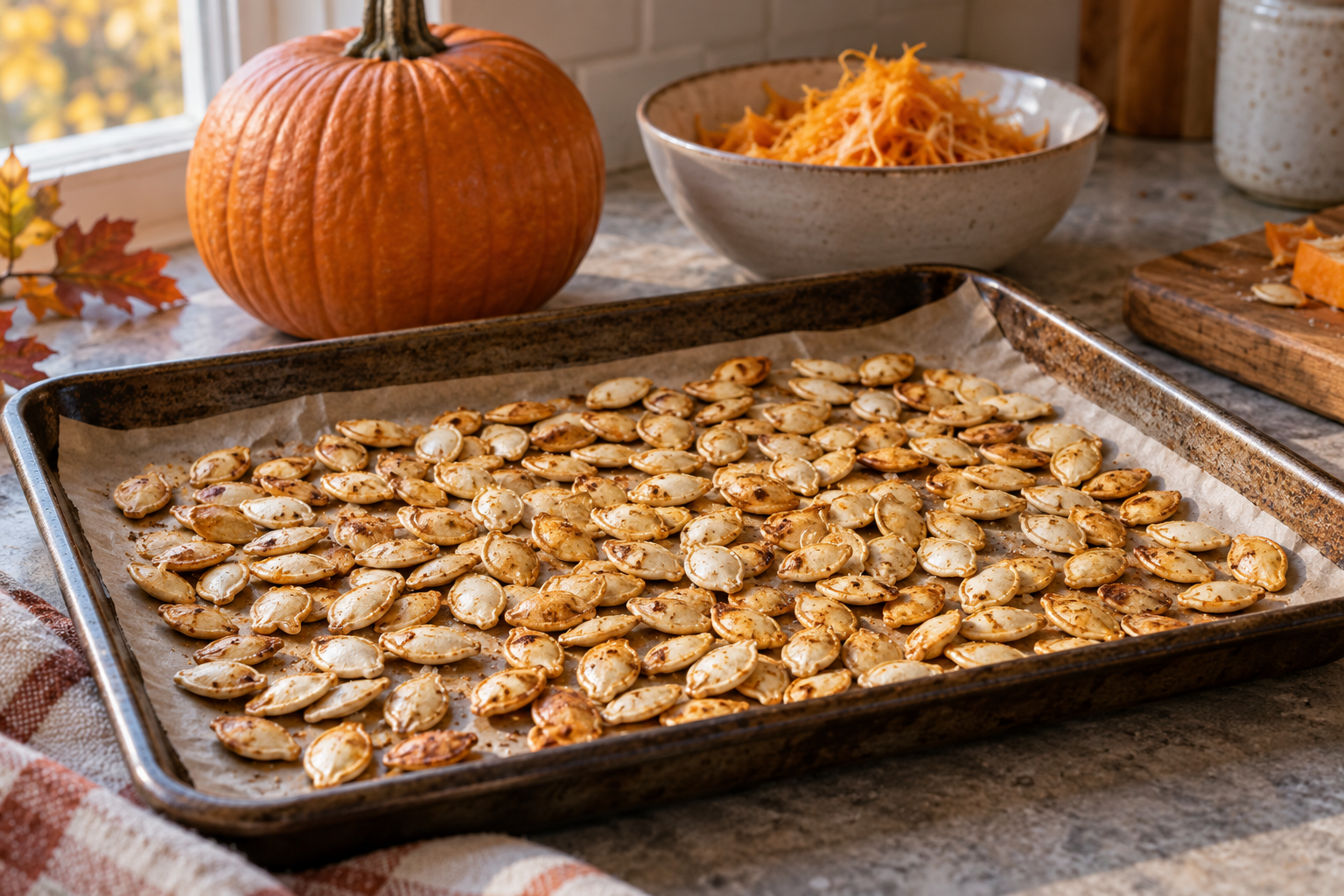 Roasted pumpkin seeds in one layer on a parchment-lined baking sheet