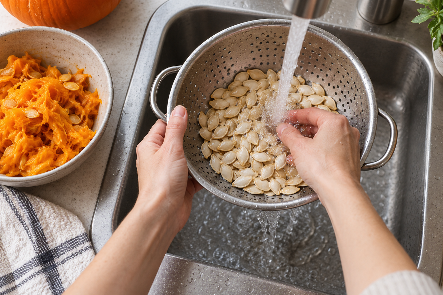 Hands rinsing pumpkin seeds in a colander under running water