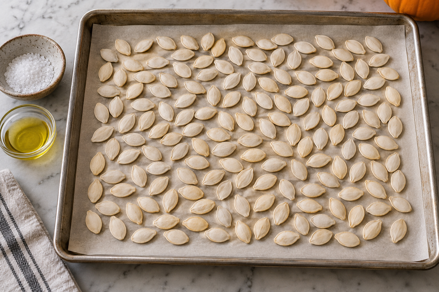 Dry pumpkin seeds spread in one layer on parchment inside a baking sheet