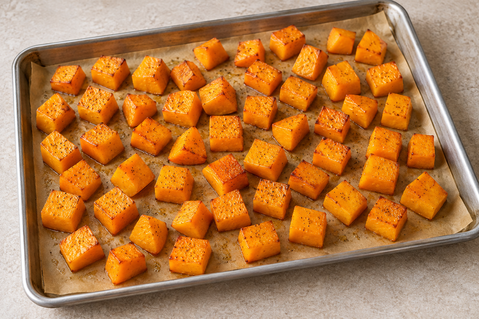 Roasted peeled butternut squash cubes with browned edges on a parchment-lined sheet pan