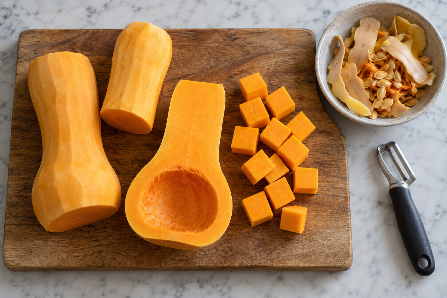 Peeled butternut squash sections and orange cubes on a board beside a bowl of removed peel and seeds