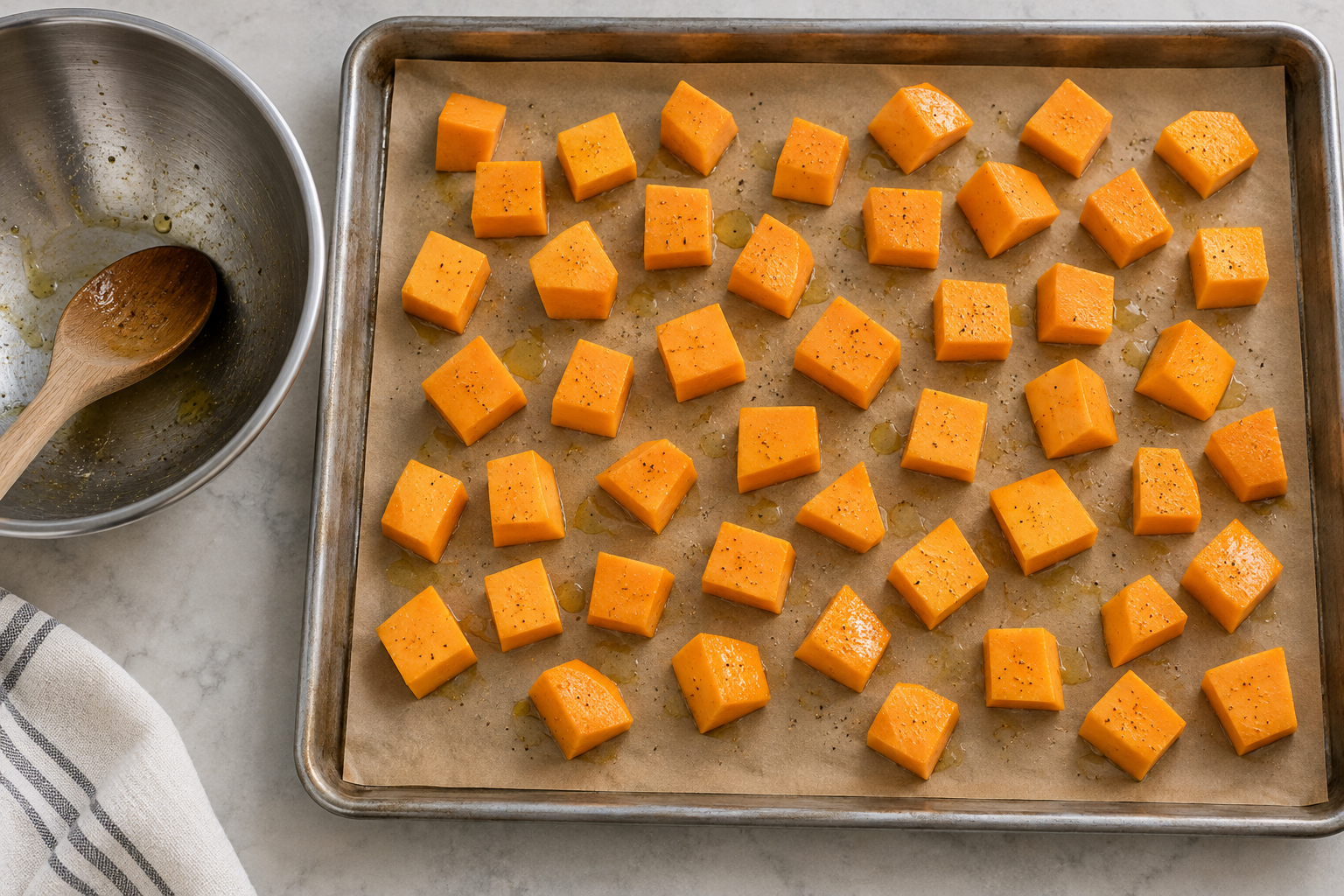 Raw peeled butternut squash cubes spaced on parchment inside a sheet pan beside a mixing bowl