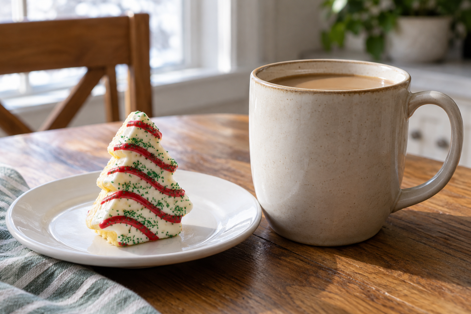 A white-coated tree-shaped snack cake with red icing and green sugar beside a mug of tan coffee