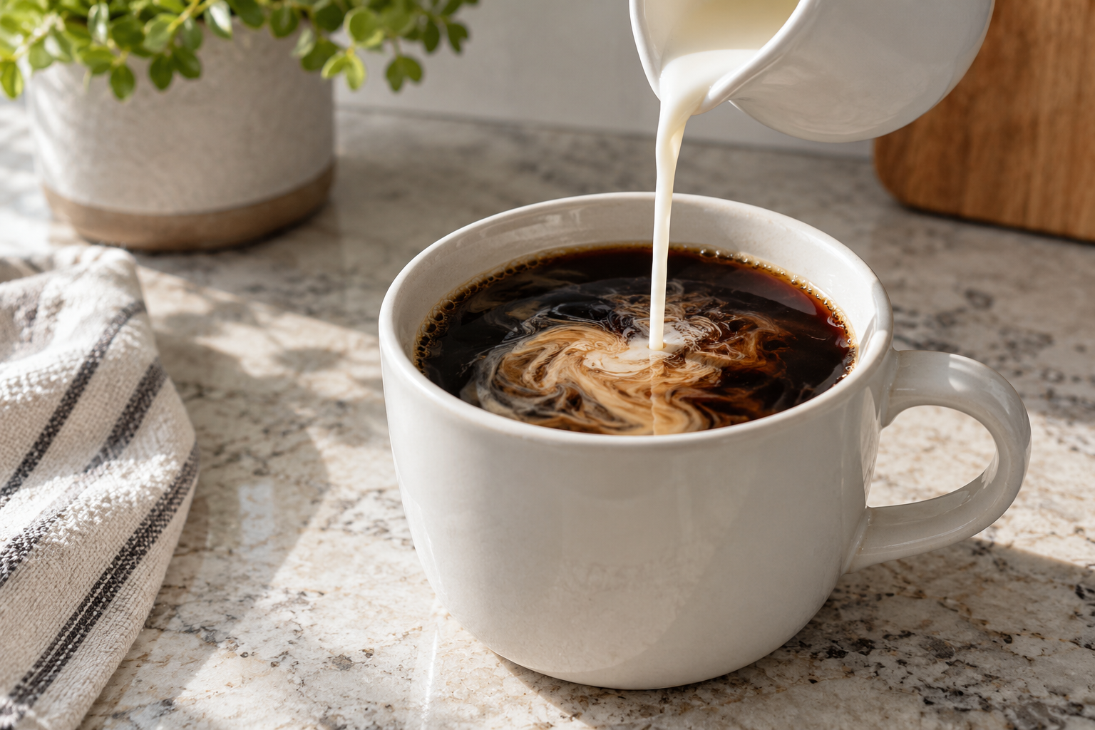 White liquid pouring from a plain ceramic pitcher into black coffee, creating pale swirls