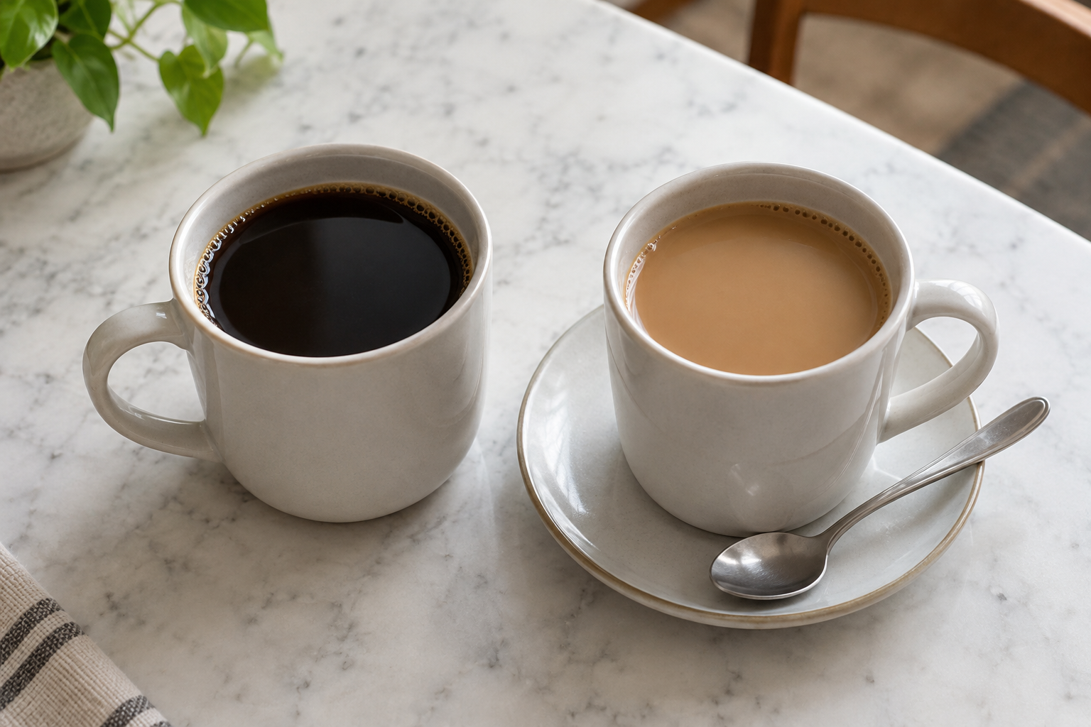 Two ceramic mugs containing black coffee and tan creamed coffee, with a teaspoon on a saucer