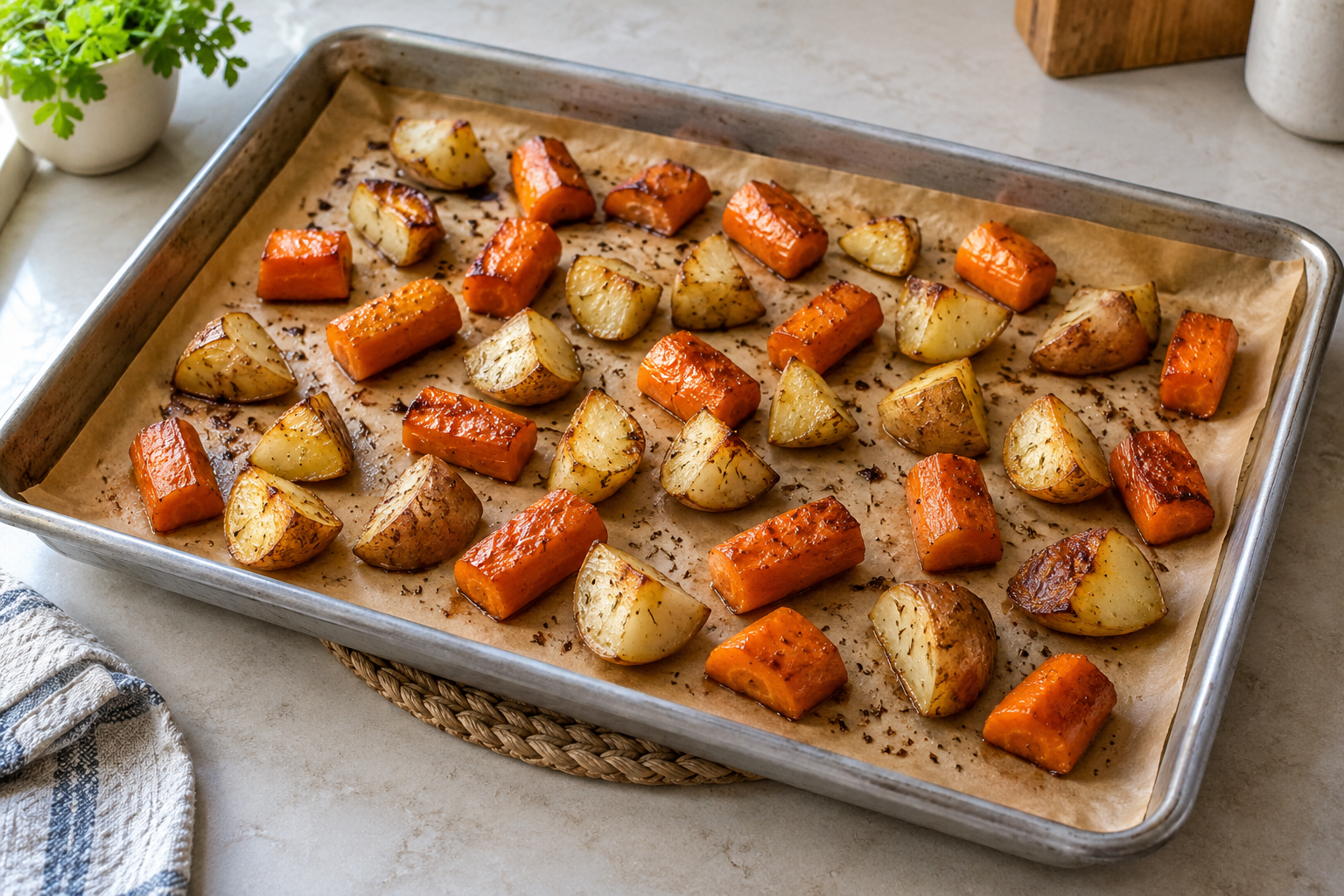 Browned carrot and potato chunks spaced on a parchment-lined rimmed sheet pan resting on a trivet.