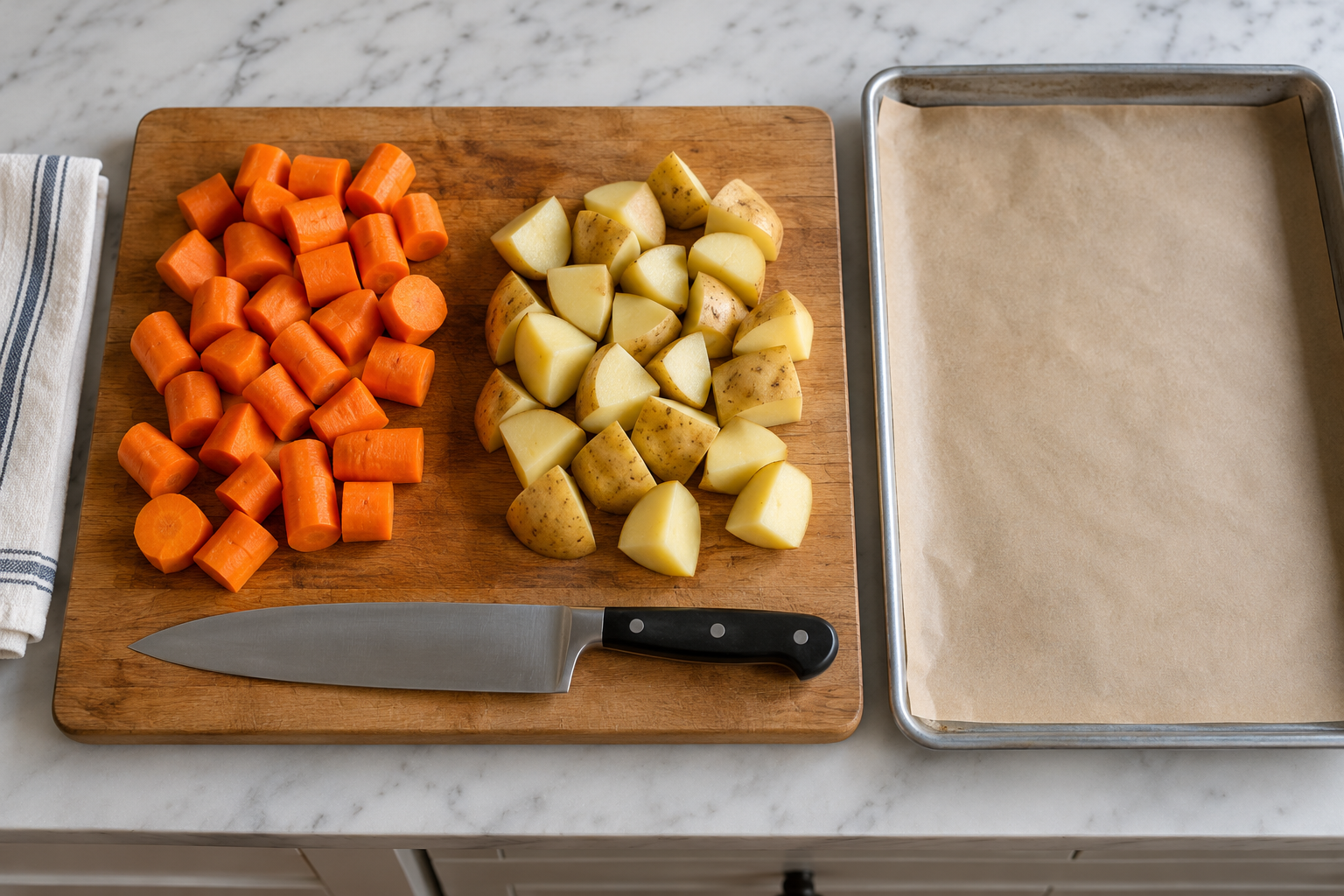 Raw carrot and potato chunks on a cutting board beside a knife and an empty parchment-lined rimmed pan.