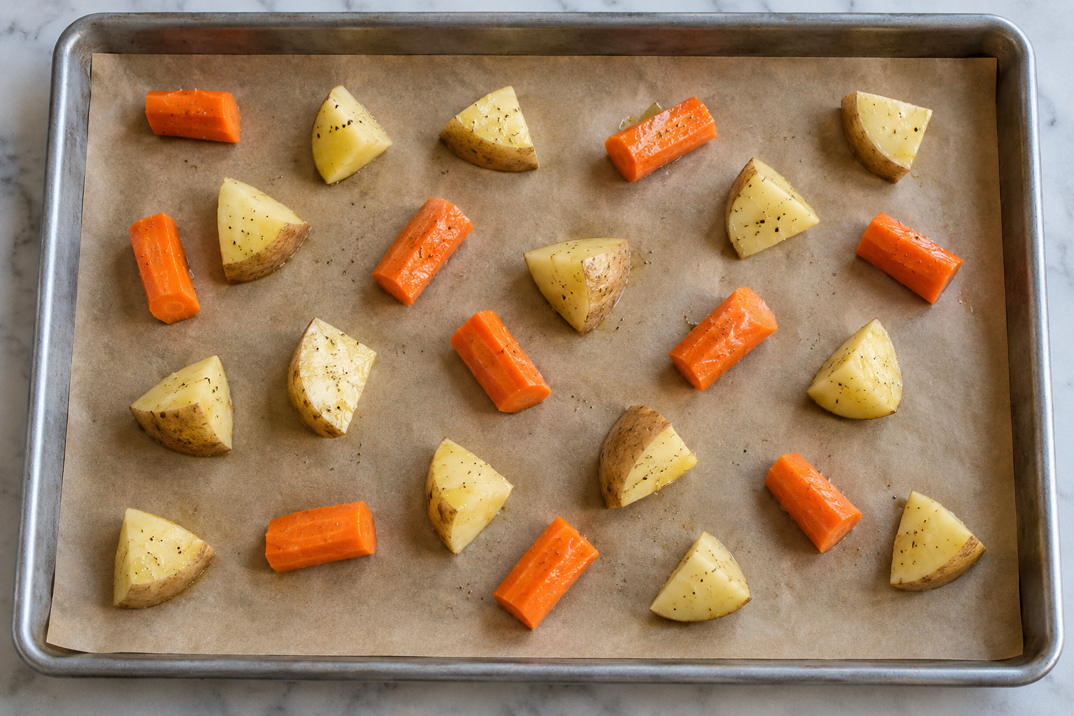 Lightly oiled raw carrot and potato chunks arranged with clear gaps on a parchment-lined rimmed sheet pan.