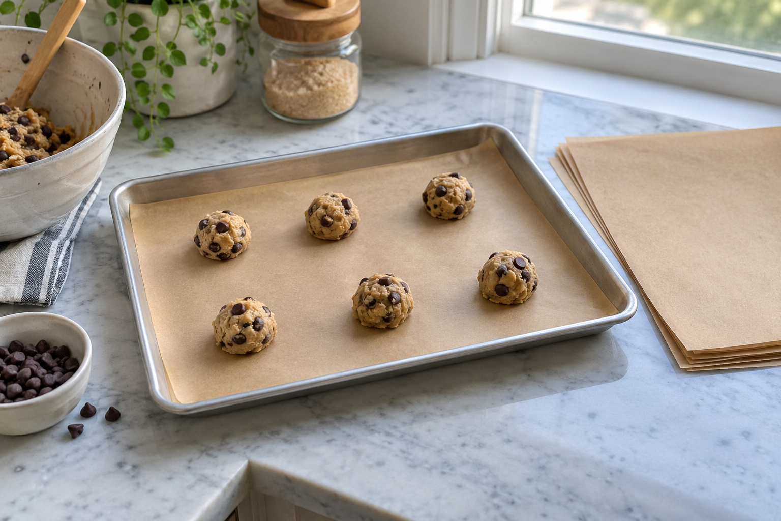 Six chocolate chip cookie dough portions on a parchment-lined rimmed pan beside unused sheets