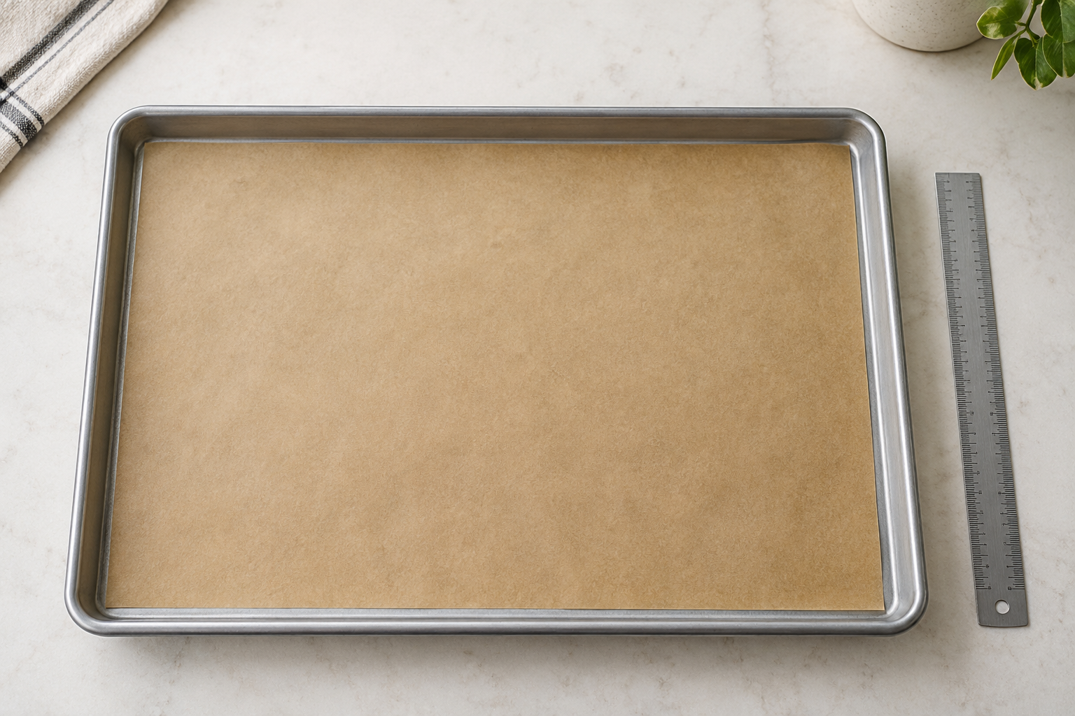 Flat brown parchment sheet inside an empty rimmed baking pan with a ruler beside it