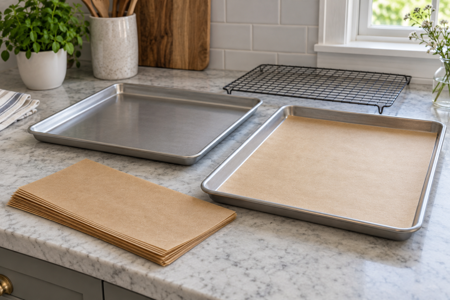Stack of unused brown parchment sheets beside two empty baking pans and a cooling rack