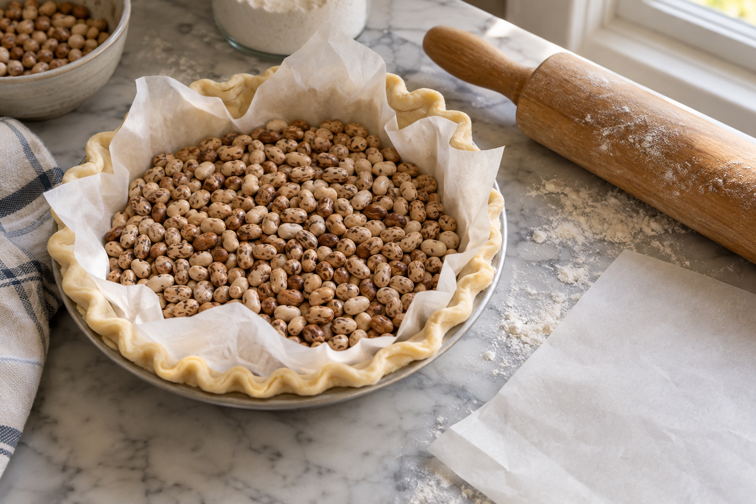 Illustration of an unbaked pie shell lined with parchment and filled with dry beans