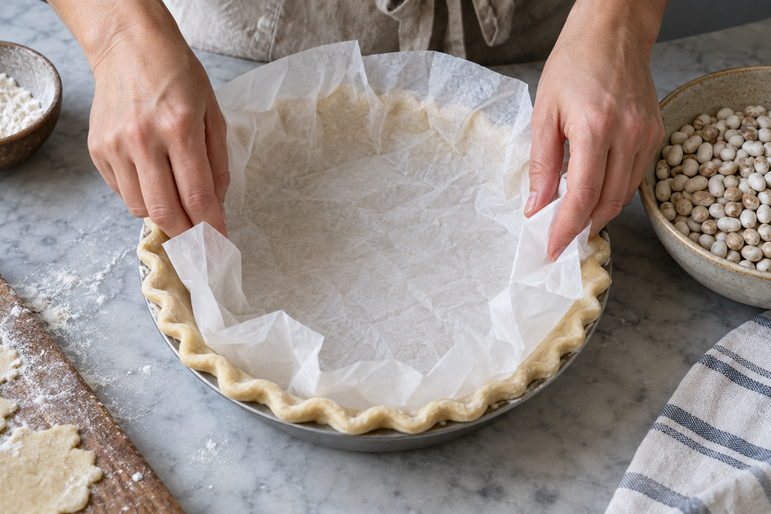 Illustration of hands fitting crumpled parchment into the bottom and sides of an empty pastry shell