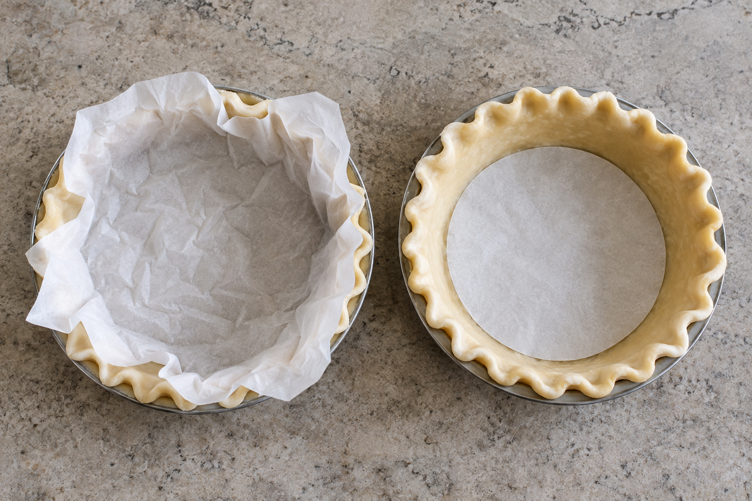 Illustration comparing a parchment liner covering a pie shell's sides with a small paper circle covering only the base