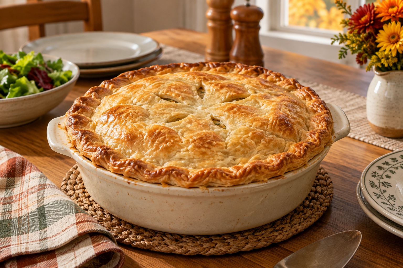 Golden homemade chicken pot pie with vented pastry in a ceramic casserole on a dinner table