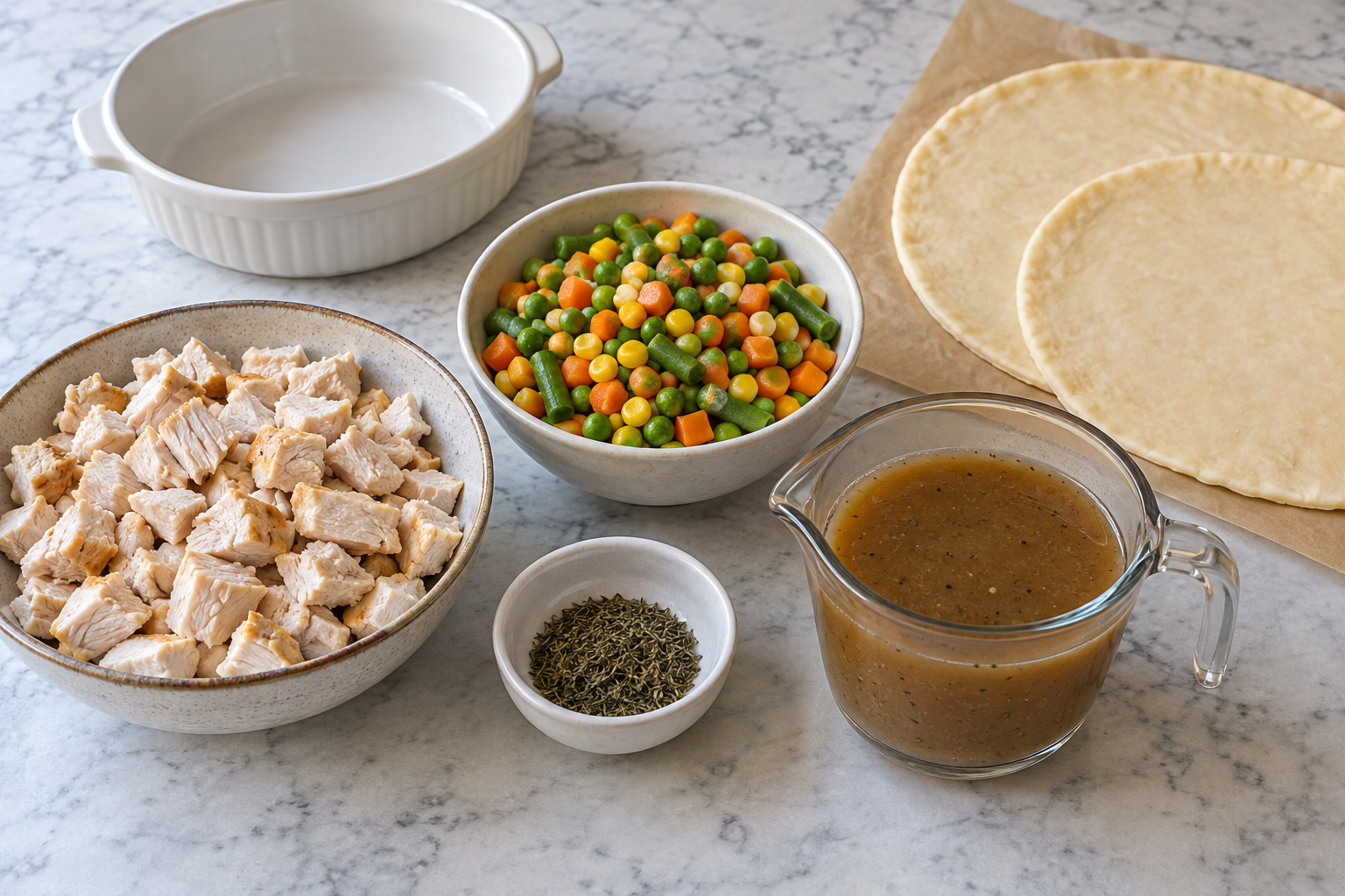 Bowls of cooked diced chicken and mixed vegetables beside gravy, thyme and two pastry rounds