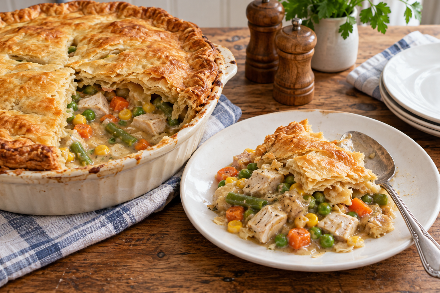 A spoonful of cooked chicken and mixed vegetable gravy with golden pastry beside an opened casserole pie