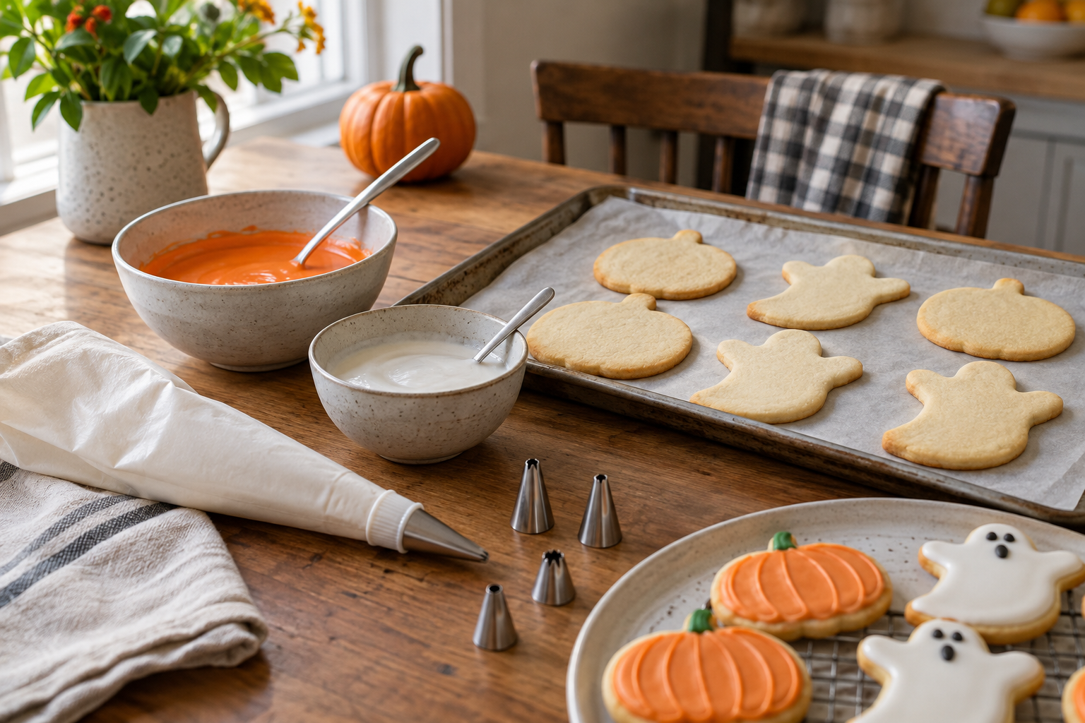 Plain piping bag, metal tips and Halloween cookies on a kitchen table