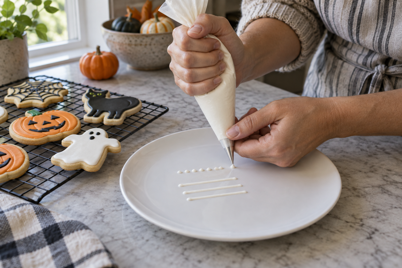 Hands piping small dots and lines on a plate beside cookies