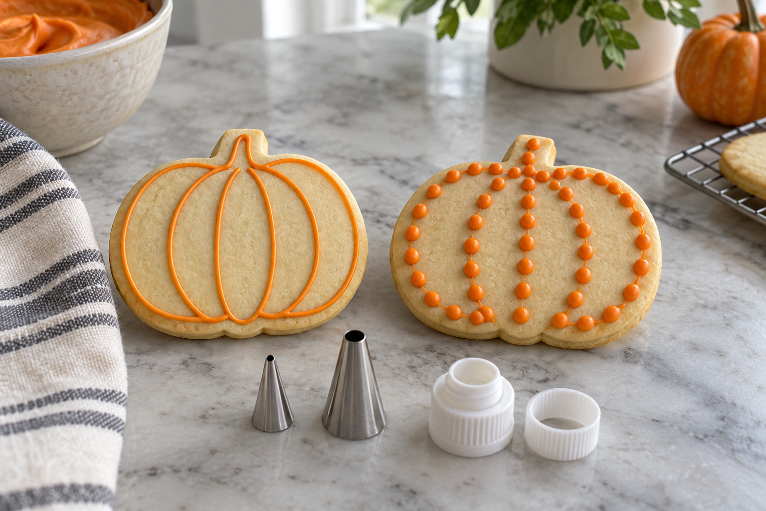 Two pumpkin cookies with thin outlines and round dots beside piping tips