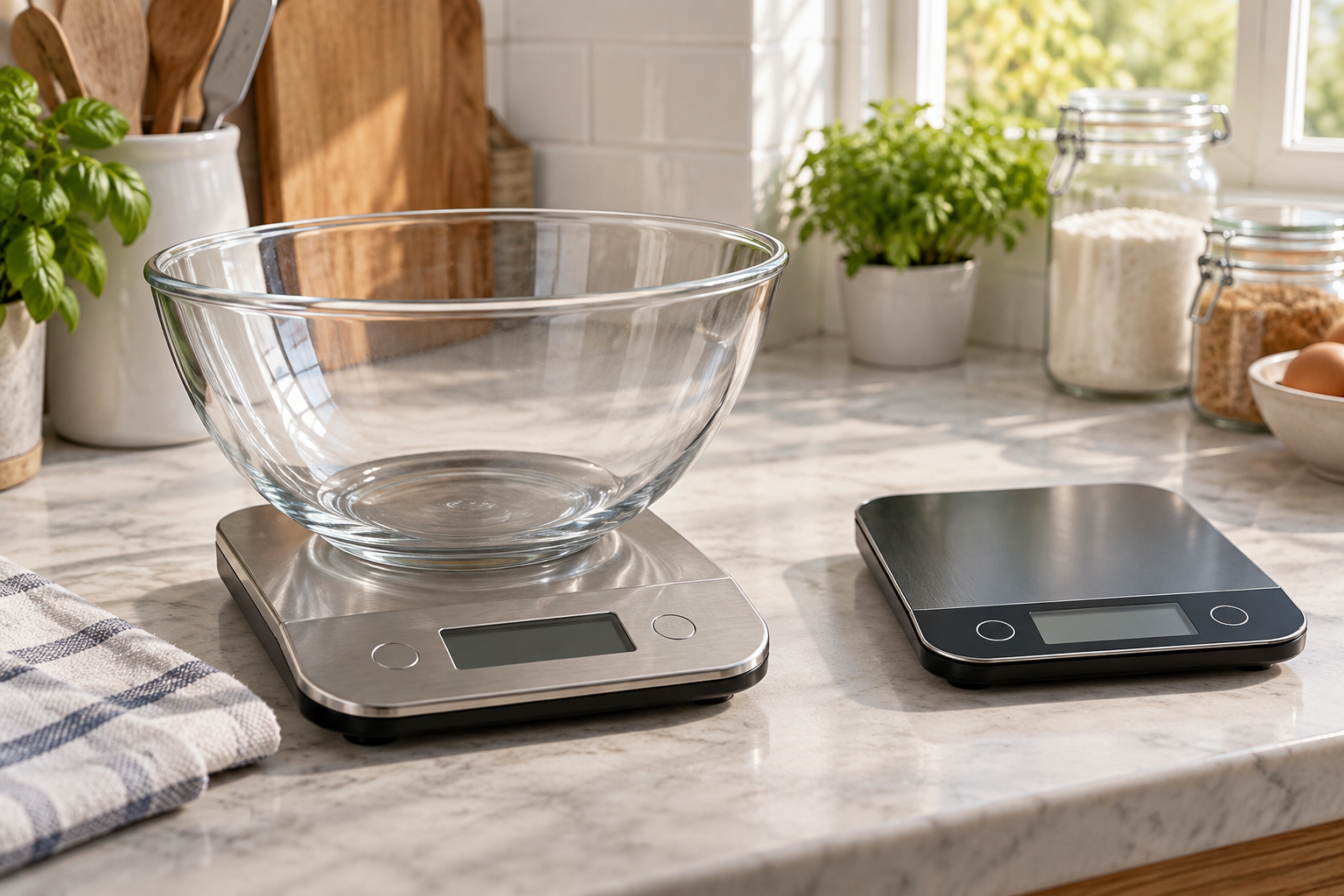 Generic kitchen scales and an empty mixing bowl.