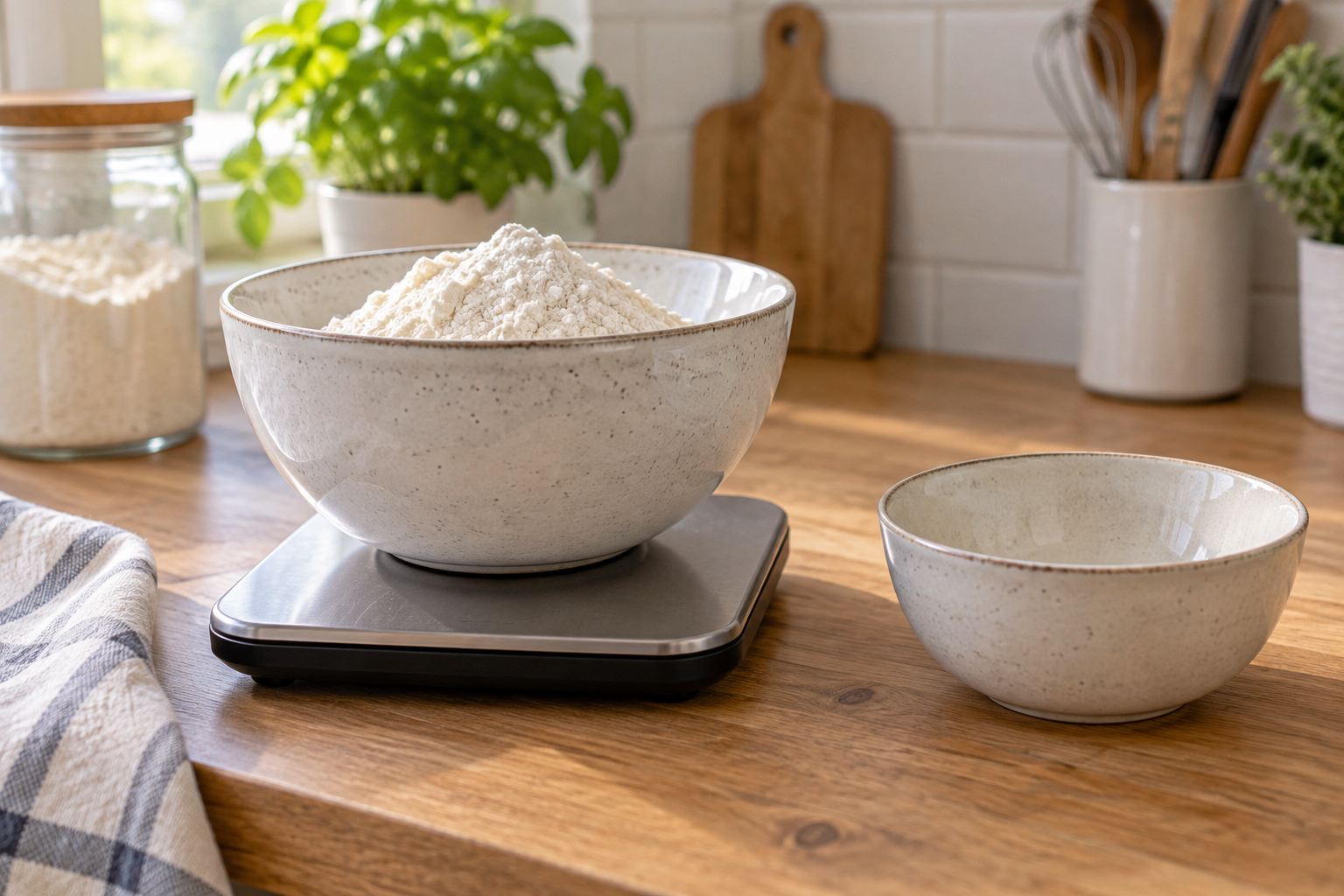 Bowl of flour on a scale beside an empty smaller bowl.