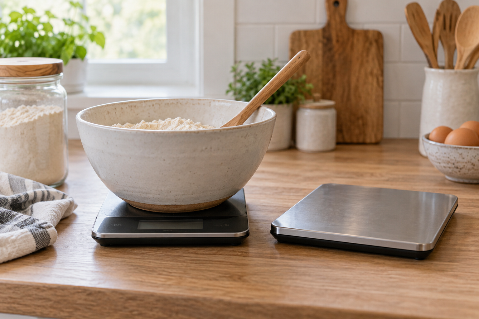 Mixing bowl on one scale beside a second scale.