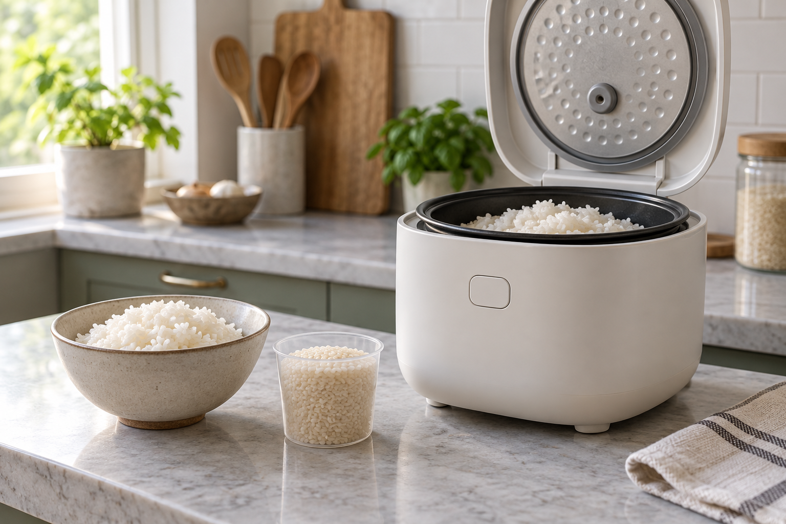 Generic rice cooker and rice measuring tools on a kitchen counter.