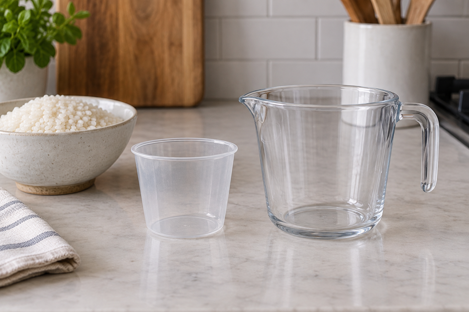 A small rice measuring cup beside a larger kitchen measuring vessel.