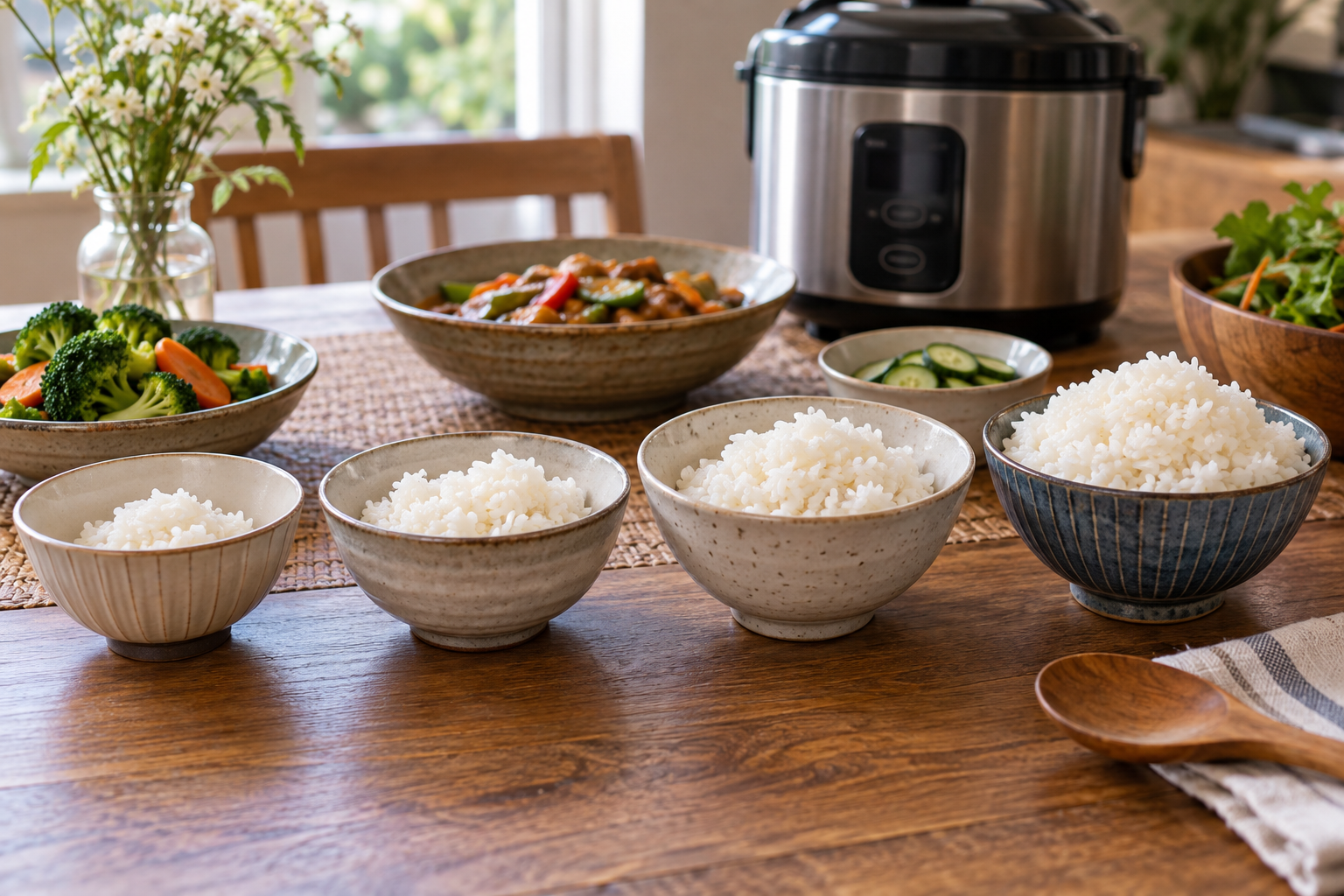 Plain cooked rice in several bowls beside generic rice-cooking equipment.
