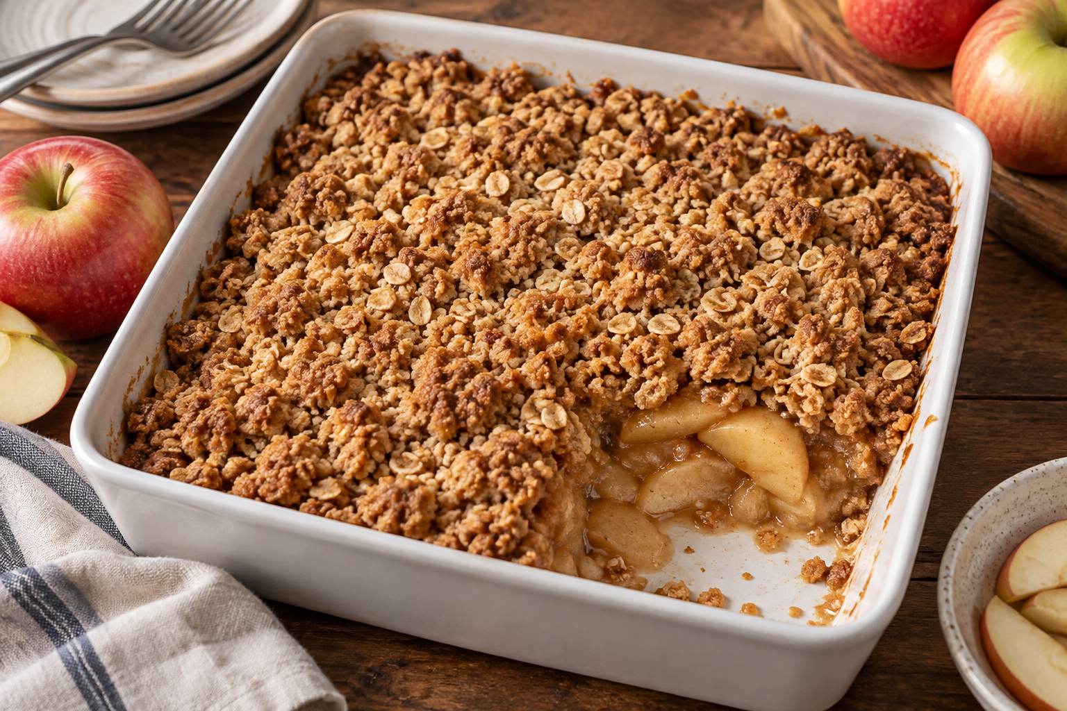 Apple crisp with oat crumbs in a square pan