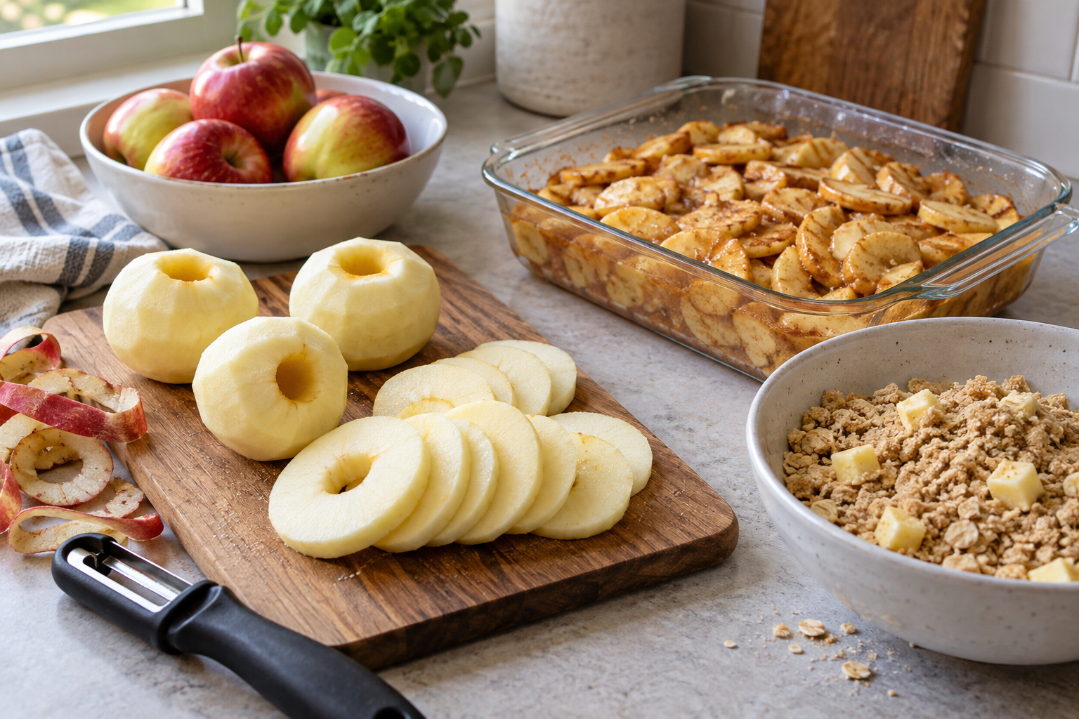 Peeled apples, slices and crumb-topping ingredients