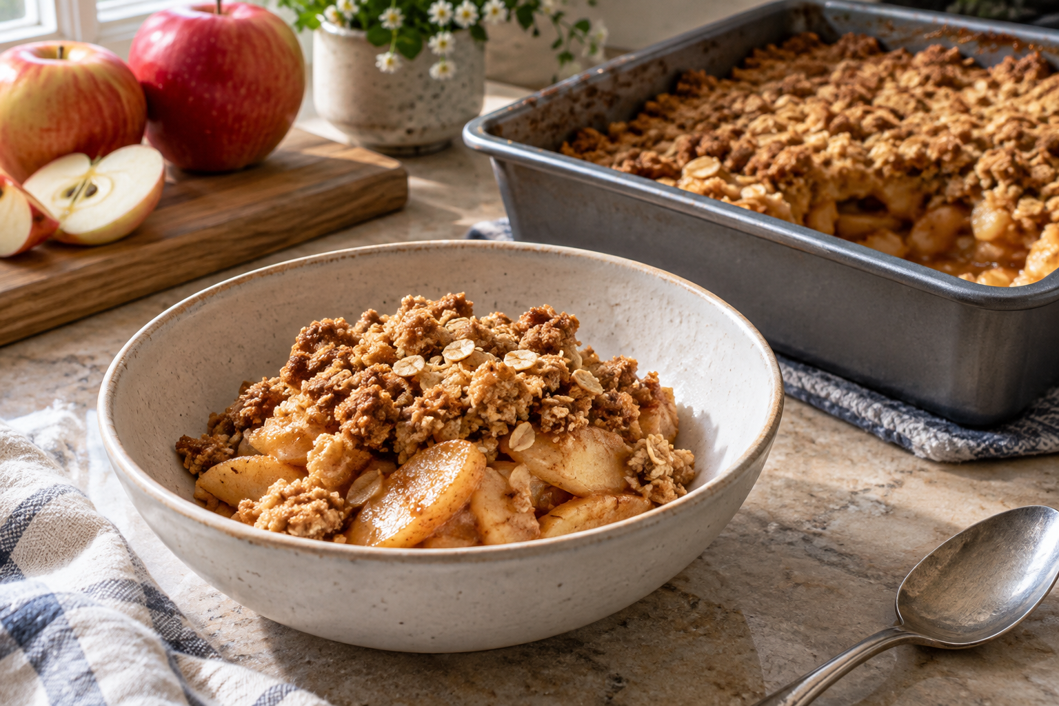 A bowl of sliced apples beneath golden oat crumbs
