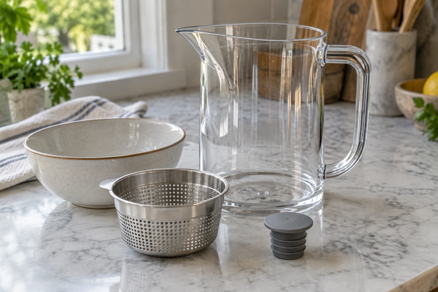 Separator jug, removable strainer and stopper on a worktop