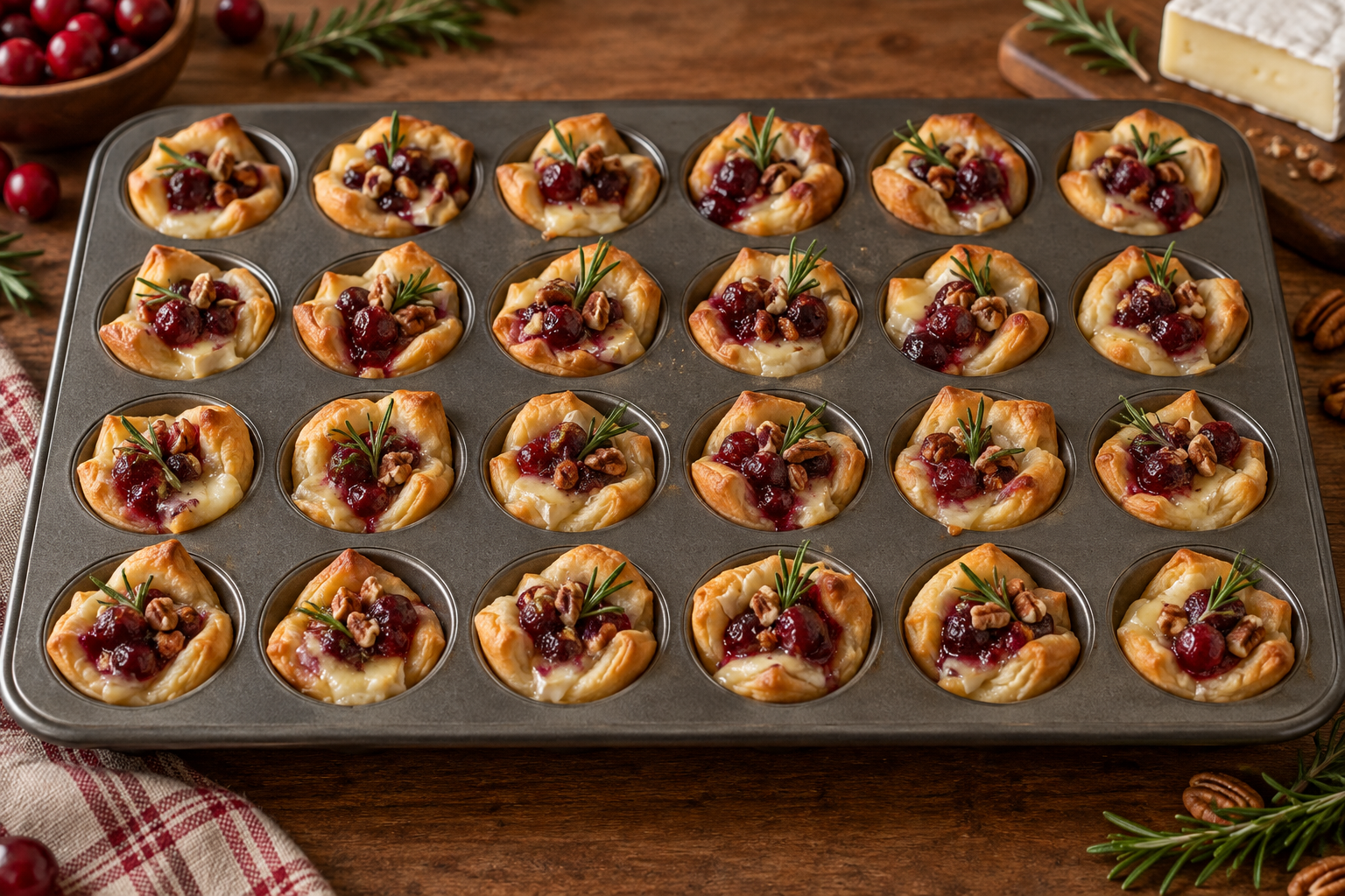 Mini crescent pastry cups topped with brie, cranberries, pecans and rosemary