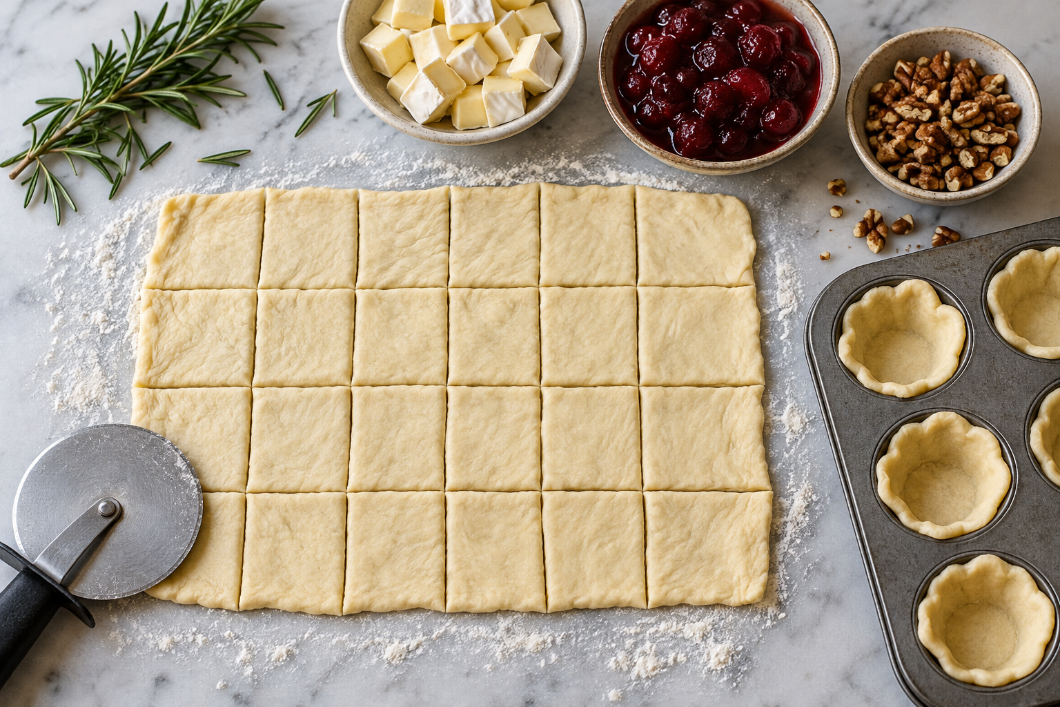 Crescent dough squares lining mini muffin cups